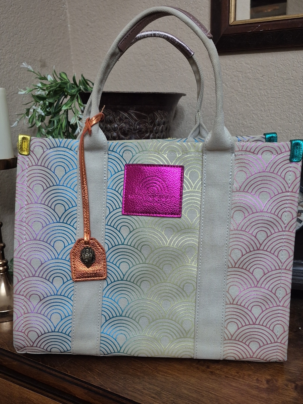 Kurt Geiger Canvas Tote with Multicolor Iridescent Accents